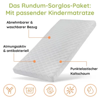 Obrázek produktu pro Dětská postýlka Kids Collective, masivní dřevo, s ochranou proti vypadnutí, borovice, s bočnicemi, včetně roštu a matrace, 90x200 cm