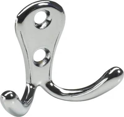 A close-up studio shot of a chrome-plated double hook.