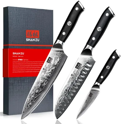 Image de Ensemble de 3 couteaux de cuisine japonais en acier damasquiné, marque SHAN ZU