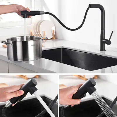 Produktbild von Hochdruck Wasserhahn Ausziehbare Küchenarmatur, mit 2 Strahlarten Brause, 360° schwenkbar Mischbatterie für Küche, Edelstahl/Schwarz