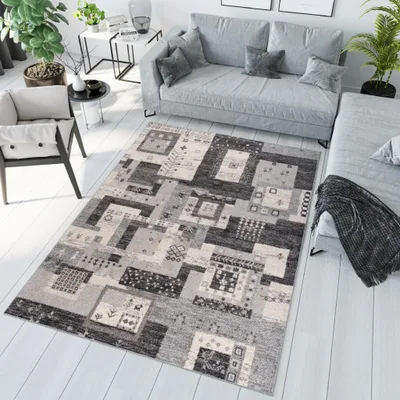 Produktbild von Teppich Wohnzimmer Schlafzimmer Kurzflor Modern Meliert Design Grau Creme  80 x 150 cm