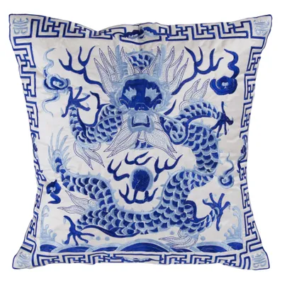 Produktbild von Fine Asianliving Chinesisches Kissen Handbestickter Weißer Drache 45x45cm Baumwolle Japanisch Orientalisch Asiatischer Stil