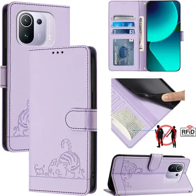 Produktbild von Leder Hülle für Xiaomi Mi 11 Pro Süße Katze Flip Case Brieftasche Schutzhülle mit Standfunktion Lila