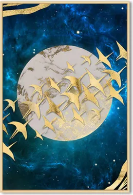 Produktbild von TPFLiving Kunstdruck LW-432 (OHNE RAHMEN) Poster - Leinwand - Wandbild - Hochauflösender Giclée-Druck, langlebig und hochwertig - Goldene Vögel auf blauem Hintergrund -  Wanddeko Wohnzimmer -  - Größe: 60x80cm