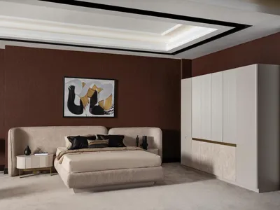 Image de Ensemble de meubles modernes en bois beige pour chambre à coucher avec lit