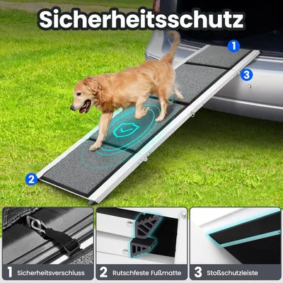 Produktbild von DAISTERN Hunderampe 170cm klappbar mit rutschfester Teppichoberfläche Leichte Einstiegshilfe für Hunde aus Aluminium Haustier Rampe für Auto
