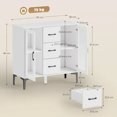 Obrázek produktu pro Komoda HOMCOM s 3 zásuvkami, 2 skleněnými dvířky a nastavitelnými policemi, bílá