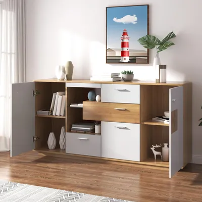 Produktbild von STILVORA Sideboard mit LED-Beleuchtung,Beistellschrank mit 2 Türen und 4 Schubladen,Flurschrank aus MDF mit Glasablage,Natur