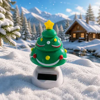 Produktbild von Dekofigur mit integrierter Solar-Wackelfunktion und Tannenbaum-Motiv, KI-generiertes Bild