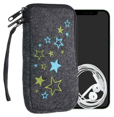 Produktbild von kwmobile Handytasche für Smartphones XL - 6,7/6,8" - Handy Filztasche - Sternenmix Hellgrün Blau Dunkelgrau - Innenmaße