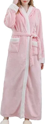 Produktbild von Damen Winternachthemd Dicker Flanell Warm Schnürung Verstellbarer Gürtel Farbblock Kapuzentaschen Hervorragende Wasseraufnahme Knöchellang Lady Homewear Spa Hotel Bademantel