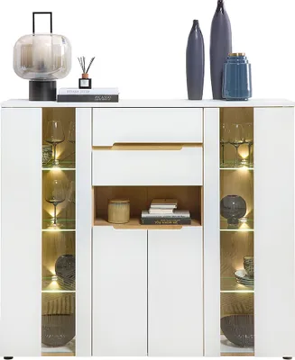 Produktbild von Wohnzimmer-Highboard mit 145 cm Breite in weiß supermatt und Eiche - MANRESA-36
