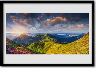 Produktbild von Bild 70x50 MDF-Rahmen Wandkunst Sun Mountain Meadow Landschaft