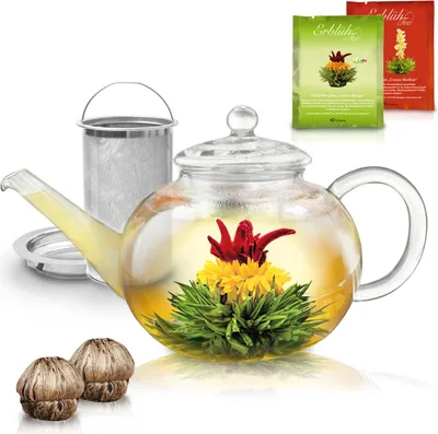 Produktbild von Creano Teekanne aus Glas 1,2l - inklusive 2 Teeblumen - Glasteekanne mit Integriertem Edelstahl-Sieb und Glas-Deckel, tropffrei