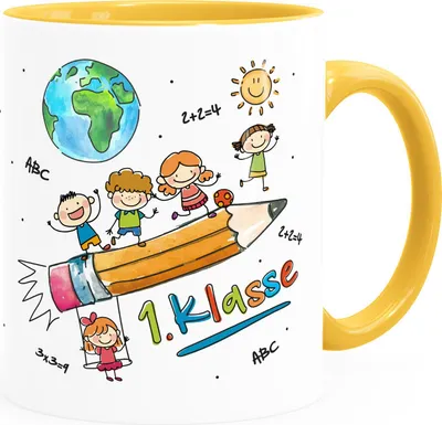 Produktbild von Tasse Schulkind Geschenk Einschulung 1. Klasse Strichmännchen lustig Kindertasse aus Keramik für Jungen Mädchen SpecialMe® weiss-innen-gelb standard