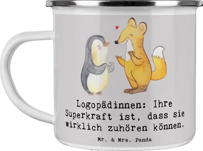 Produktbild von Mr. & Mrs. Panda Haferl Logopädin Superkraft - Grau Pastell - Geschenk, Teetasse, becher emaille, Geschenke mit Herz, Hoffnung schenken, Berufsleben, für Berufstätige