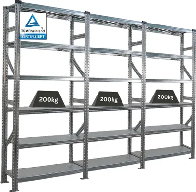 Produktbild von Fachbodenregal PROXIMO mit  Stecksystem | Komplettregal | HxBxT 210x270x32cm | 6 Ebenen | Beidseitig nutzbar | Verzinkt