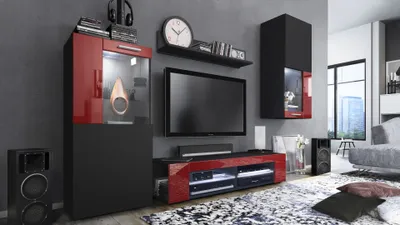 Produktbild von Vladon Wohnwand Movie, Anbauwand bestehend aus 1 TV-Board, 2 Vitrinen und 1 Regal, Schwarz matt/Schwarz matt/Bordeaux Hochglanz, inkl. LED-Beleuchtung weiß (Gesamt: 300 x 190 x 39 cm)