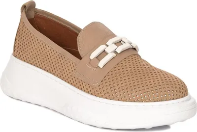 Produktbild von Beige Naturleder Slipper für Frühling/Sommer mit Plateausohle 5 cm und metallener Kette