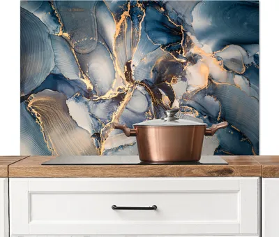 Produktbild von KitchenYeah®  Spritzschutz Küche - Küchenrückwand - Wandschutz für Herd und Spüle - Marmor - Grau - Blau - Luxus - Gold 100x65 - Alu-Dibond (Alternative zum Spritzschutz aus Glas) - Hitzebeständig - H