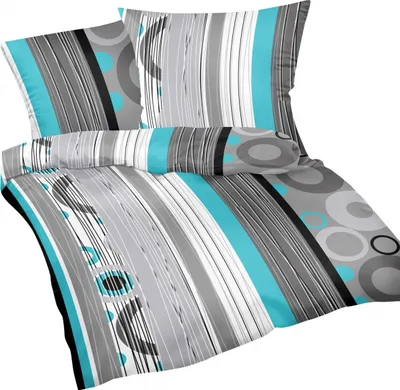 Produktbild von 2-teilige Renforce Bettwäsche 135x200cm und 80x80cm - Kreise und Streifen in Grau, Türkis und Weiß - 100% Baumwolle, Bettgarnitur (387/2-Renforce)