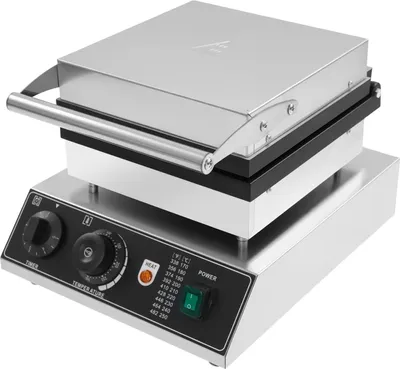 Obrázek produktu pro Elektrická vaflovačka – výkon 2000 W – čtvercová deska 24,5 × 24,5 cm – teplota 50–300 °C – časovač 0–5 min – nerezová ocel – černá barva