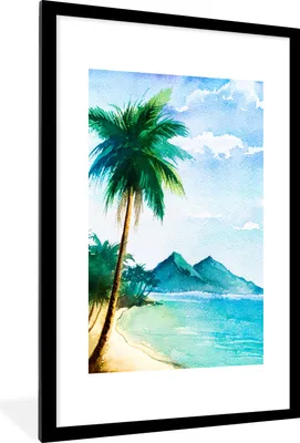 Produktbild von MuchoWow® MuchoWow® Gerahmtes Poster Strand - Palme - Berg 60x90 cm - Poster mit zchwarzem Bilderrahmen - Dekoration - Wandposter Wohnzimmer - Hochwertig
