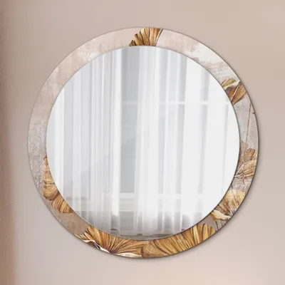 Produktbild von Runder Spiegel mit Modernem Aufdruck - Dekospiegel Wandmontage -golden Blätter- Ø90cm