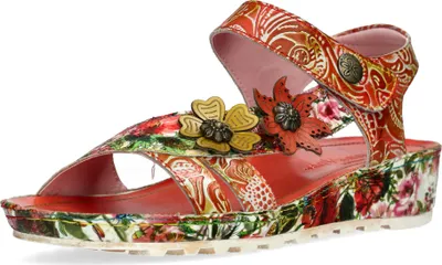 Produktbild von Laura Vita Damen Sandale mit floralem Muster und Blüten aus Leder Brcyano 02, Größe:37 EU, Farbe:Rot