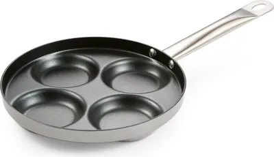A close-up, studio shot of a four-cup egg or pancake frying pan with a silver handle, set against a white background.