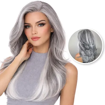 Produktbild von SassyGoods® graue Perücke – Damenperücke mit langem Haar – Lace Wig – Waschbar – Verstellbar – Grau – 50 cm