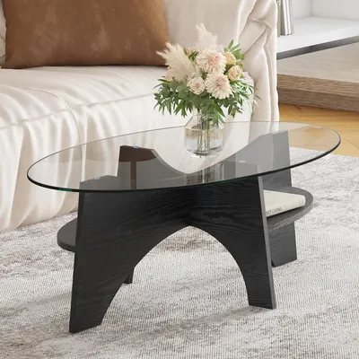 Zdjęcie produktu dla Stolik pomocniczy owalny, szkło hartowane, wymiary 104,9 x 60 cm, konstrukcja z przegródkami, nogi z MDF (czarny, przezroczysty)