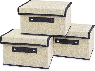 Produktbild von Unyqoos® 3er-Set Aufbewahrungsboxen mit Deckel, Weiß – faltbar, Vliesstoff, stabiler Kartonboden, 25 x 19 x 16 cm
