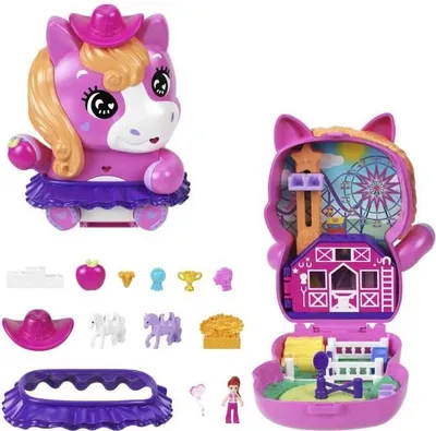 Immagine prodotto di Set da gioco Polly Pocket Pony Rodeo, giocattolo da viaggio, 10 accessori, 1 mini-personaggio, 6 aree di gioco