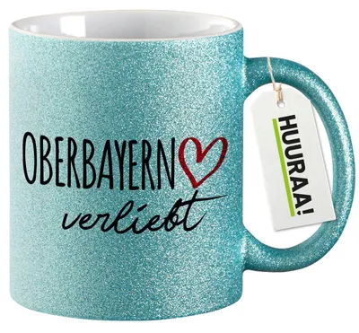 Produktbild von Huuraa Glitzertasse Oberbayern verliebt 330ml Blau Keramik Kaffeebecher Geschenkidee