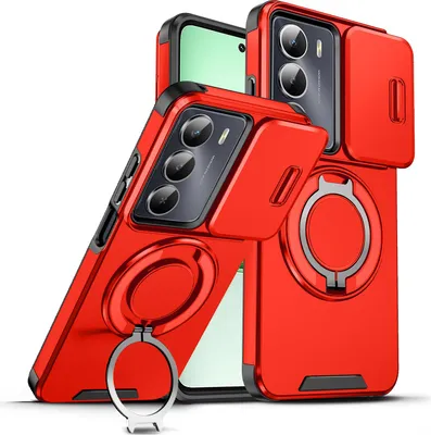 Immagine prodotto di Custodia a doppio strato per Realme C75 4G, copertura scorrevole della fotocamera e supporto ad anello magnetico Rosso