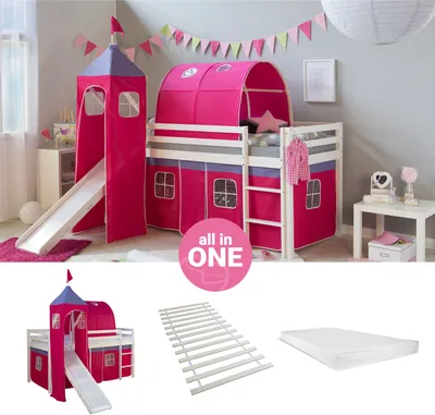 Produktbild von Homestyle4u Hochbett 90x200 mit Matratze Turm Tunnel Rutsche Vorhang pink Kinderbett Weiß Holz Kiefer Massiv Lattenrost