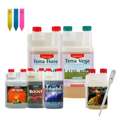 Produktbild von Canna Terra Set – Vollständiges Nährstoffpaket für gesundes Pflanzenwachstum – inkl. Dosierpipette und 3 Pflanzenschilder