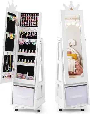Immagine prodotto di Armadio portagioie per bambini - Specchio a figura intera indipendente - Legno - Base girevole - Rotelle bloccabili - Bianco