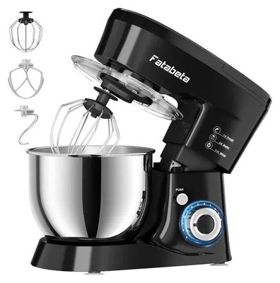 A black Fatabeta stand mixer with a stainless steel bowl and attachments is shown against a white background.