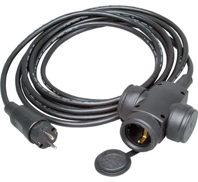 Produktbild von Schutzkontakt-Verlängerung Stecker / Buchse, IP44, 3-fach, 3x1,5mm², 5m, schwarz