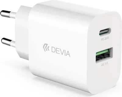 Zdjęcie produktu dla Ładowarka ścienna Devia Smart PD 1x USB-C 1x USB 20W biała szybka ładowarka