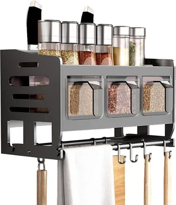 Produktbild von PolkaHome® Gewürzregal mit Gewürzdosen, Stand- und Wandmontage, Gewürzhalter mit Regal, Küchenpapierhalter und 8 Haken,