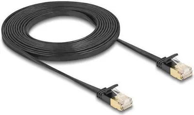 Produktbild von Delock RJ45 Netzwerkkabel Cat.6A Stecker zu Stecker mit robuster Rastnase und Cat.7 Rohflachbandkabel U/FTP 3 m schwarz