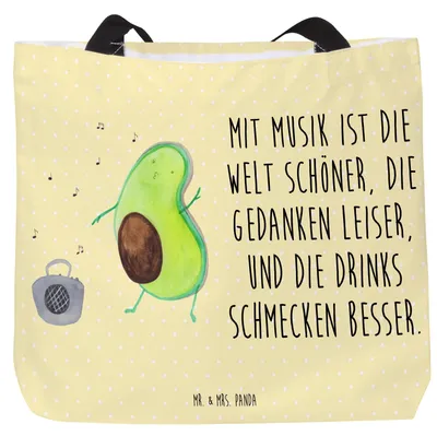 Produktbild von Mr. & Mrs. Panda Strandtasche Avocado Tanzen - Gelb Pastell - Geschenk, Singen, Reisetasche, Urlaub, Gute Laune, Beutel, Party, Gesund, Tasche, Musik, Tote Bag