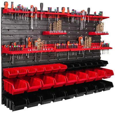 Immagine prodotto di Pannello portautensili a parete 115x78 cm con 32 pezzi. Scatole da appendere con set di supporti in plastica