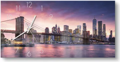 Produktbild von DEQORI Glasuhr 60x30 cm Zahlen 'Brooklyn Bridge Abendröte' Wanduhr Glas Uhr Design leise