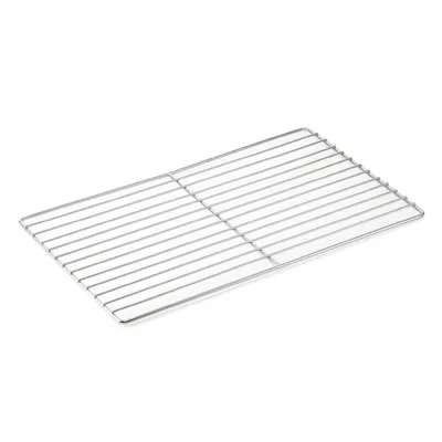 A stainless steel wire rack on a white background.