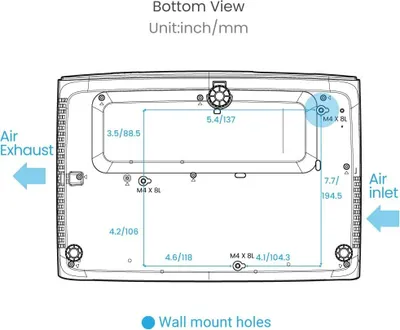 Bottom view diagram of a projector with dimensions and air flow indicators.