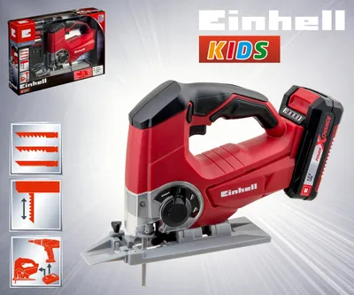 A promotional image of a red and black Einhell KIDS jigsaw with accessories shown in inset boxes.
